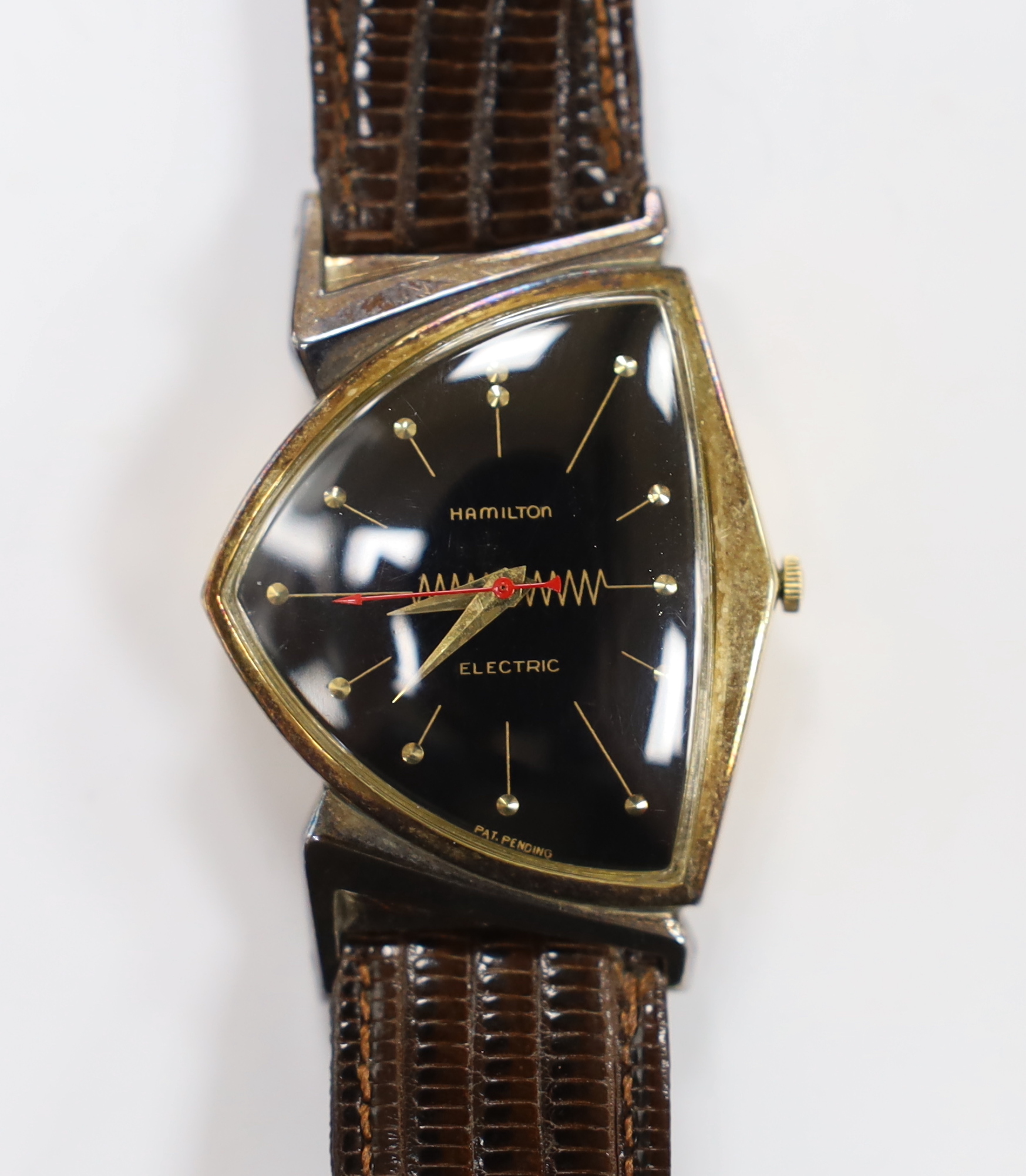 A gentleman's 10k gold filled Hamilton Electronic wrist watch, on a later lizard strap, with Hamilton box.